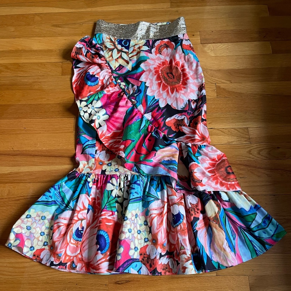 Custom Floral Ankle Skirt with Gold Trim